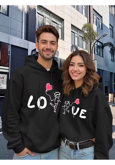 Nevermind Sevgili Çift Kombini Love Baskılı Kapüşonlu Sweatshirt 2li Set Ta Siyah