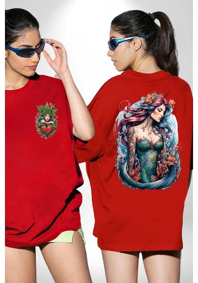 Deniz Kızı Çiçek Kırmızı Oversize Unisex Ön Ve Sırt Baskılı Tişört Kırmızı Deniz Kızı Çiçek Kırmızı Oversize Unisex Ön Ve Sırt Baskılı Tişört Kırmızı