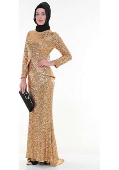 Nidya Moda Peplumlu Dore Payet Elbise-4047D Altın