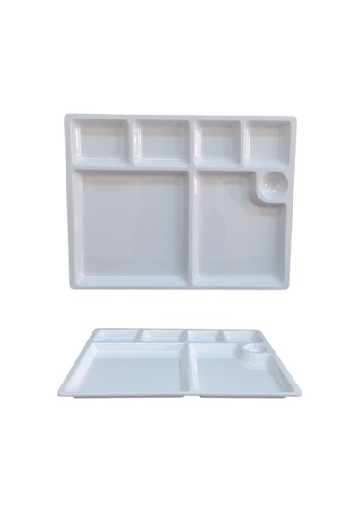 %100 Kırılmaz 12 Li Melamin 7 Bölmeli Tabldot Kahvaltı Tabağı - 33x26 Cm Beyaz Beyaz