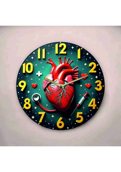 AA Shop Kalp Doktor Hemşire Renkli Baskı Desenli Sayılı Hediyelik Ahşap Sessiz Tablo Duvar Saati 733 Çok Renkli