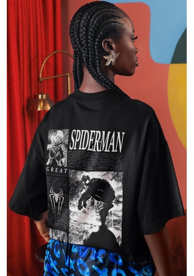 Spider-man Örümcek Adam Süper Kahraman Sırt Baskılı Unisex Oversi Siyah