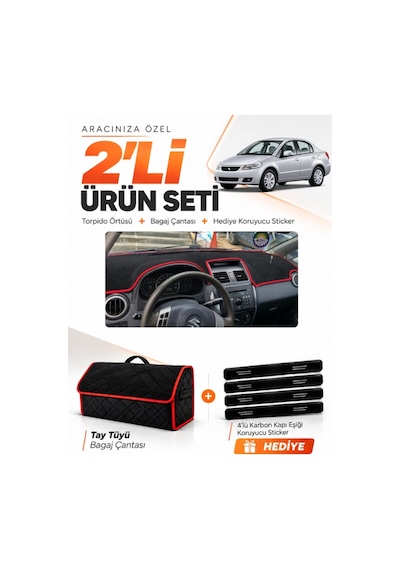Suzukı Sx-4 2006-2014 Uyumlu Torpido Örtüsü + Tay Tüyü Bagaj Çantası + Sticker - Siyah Kırmızı