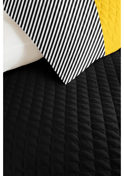 Sarı Geometrik Genç Odası Tek Kişilik Pike Takımı - Siyah Çizgili 160x220 Cm Kapitone Yatak Örtüsü Naif Bahçe Gölgesi