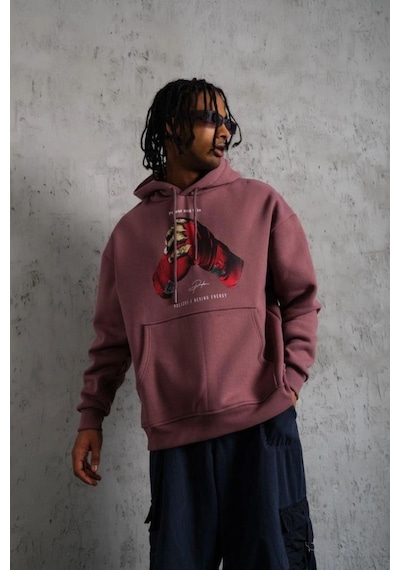 Erkek Kapüşonlu Cepli Box Eldiven Baskılı 3 İplik Sweatshirt Hoodie - Gül Kurusu Gülkurusu