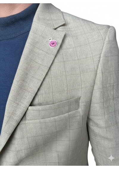 Plus Scorpion Ekoseli Slim Fit Erkek Blazer Ceket Şık Modern Tasarım, Tek Düğmeli Açık Bej