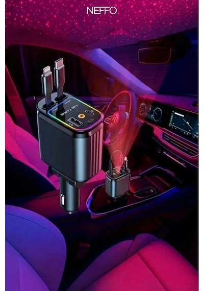 4in1 Geri Çekilebilir Araç İçi Hızlı Şarj Cihazı Çakmaklık Rgb Tavan Aydınlatma 66w Usb C 65