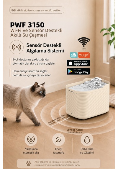 Pwf 3150 Petmate Flowsense Pro - Wi-fi Ve Sensörlü Akıllı Otomatik Kedi Köpek Su Çeşmesi 2,5 L Paslanmaz Çelik - Bpa İçermez - Krem