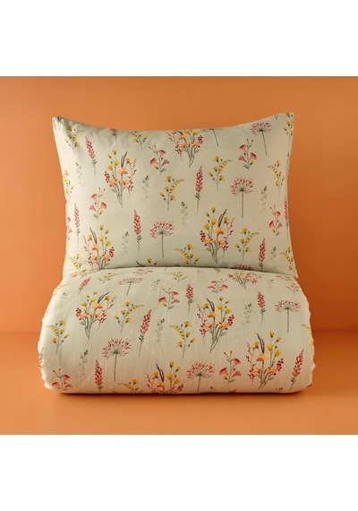 Flores Çiçek Desenli%100 Pamuk Saten Nevresim Seti, Açık Yeşil, Tek Kişilik Nevresim: 160x220 Cm / 1 Adet Yastık Diğer