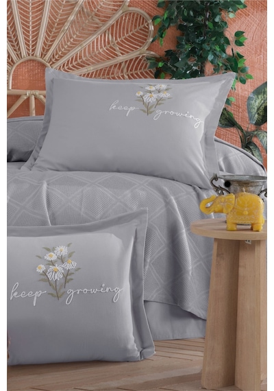 Butik Çift Kişilik Nakış Detaylı Pike Takımı Etta V3 Pudra Gri