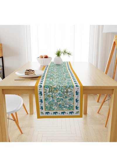 Blue Elephant Runner 140x45cm Mavi Fil Modeli Ince Keten, Uluslararası Yıkama Ve Solmama Sertifikası Çok Renkli
