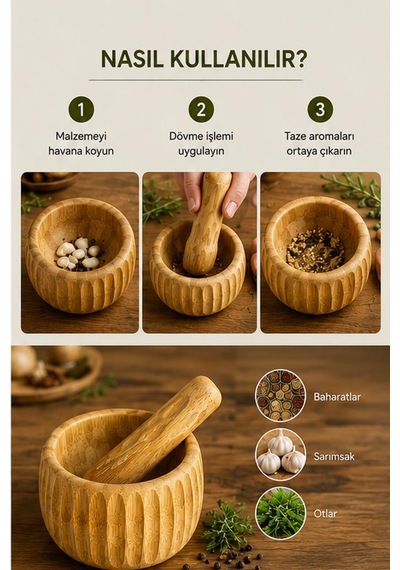 Doğal Bambu Çizgili Havan Ve Tokmak Seti 11x6.5 Cm - Sarımsak Baharat Ezici Ve Öğütücü Ahşap Havan Takımı