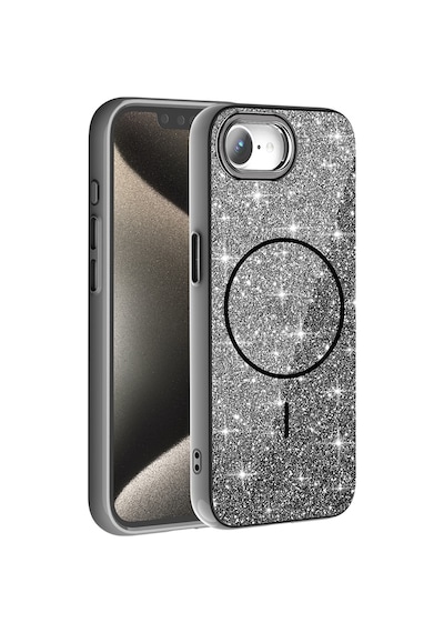 Apple Uyumlu iPhone 16e Kılıf M-safe Şarj Özellikli Parlayan Simli Zore Okso Kapak Siyah