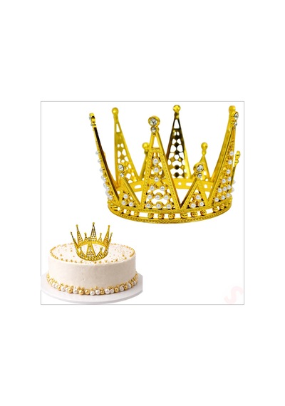 İncili Ve Taşlı Plastik, Pasta Süsleme Tacı 10,5 Cm X 8 Cm - Altın