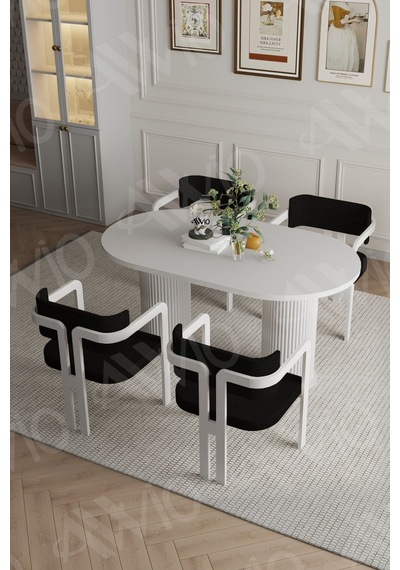Avvio Caren Ptt Lake Mdf Ayak 4'lü Tokyo Metal Demonte Sandalye 80x140 Masa Sandalye Takımı Beyaz