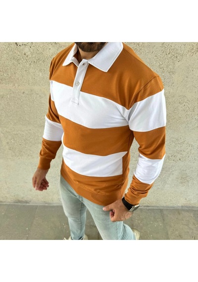 Erkek Polo Yaka Uzun Kollu Çizgili Sweatshirt Trend Rugby Stil - Turuncu Turuncu