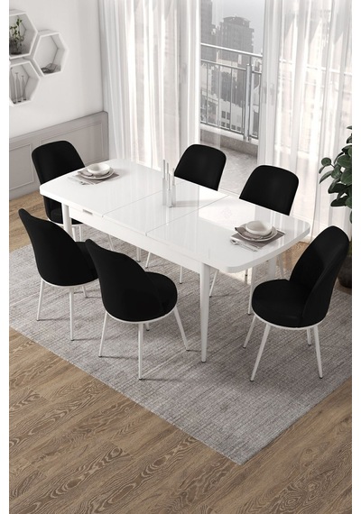 Canisa Kor Serisi 70x114 Açılabilir Mutfak Masası Takımı Beyaz Masa 6 Siyah Sandalye Masa Beyaz Sandalyeler Siyah Canisa Kor Serisi 70x114 Açılabilir Mutfak Masası Takımı Beyaz Masa 6 Siyah Sandalye Masa Beyaz Sandalyeler Siyah