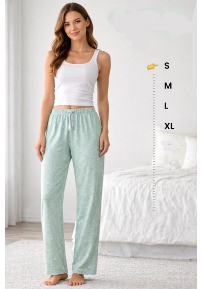 Viskon Pamuklu Kadın Açık Gri Desenli Pijama Pantolon - Mg008 - Mudanis