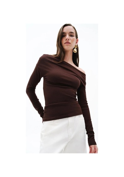 Seeh Kahverengi Kadın Off Shoulder Uzun Kollu Bluz Sh327