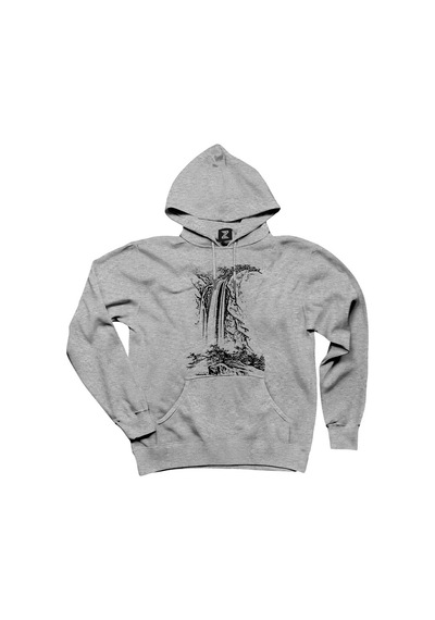 Black Silhouette Of Waterfall Gri Kapşonlu Sweatshirt Hoodie Gri