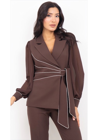 Dorne Moda Kadın Krep Taş İşlemeli Şifon Kollu Ceket Pantolon İkili Takım Siyah