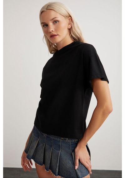 Grimelange Lottıe Kadın %100 Organik Pamuklu Regular Kalıp Bisiklet Yaka Basic Kısa Kollu Siyah T-shirt