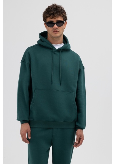 Vamos Basic Oversize Kapüşonlu Sweatshirt Nefti Yeşil
