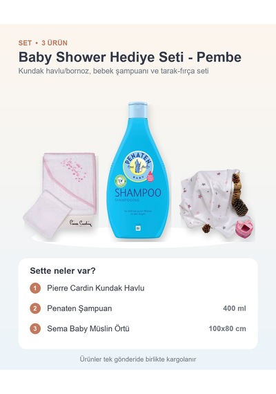 Baby Shower Hediye Seti 3 Parça: Kundak Havlu + Şampuan + Müslin Örtü - Pembe