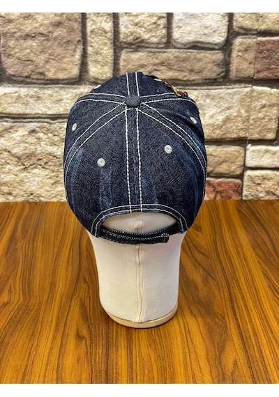 Hamze Jean Kot Denim İndigo Kumaş Taşlı Gül Desenli Beyzbol Cap Şapka Koyu İndigo