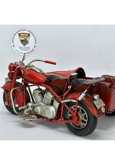 El Yapımı Dekoratif Yan Sepetli Kırmızı Motosiklet Model Metal Biblo & Vintage Maket 18 Cm