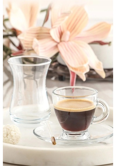Lav Sohbet Cam Bardak Seti 18'li (6 Çay Bardağı, 6 Çay Tabağı, 6 Fincan)