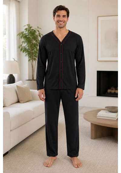 Pemilo Erkek 605-075 Boydan Düğmeli %95 Cotton Pijama Takım Lacivert