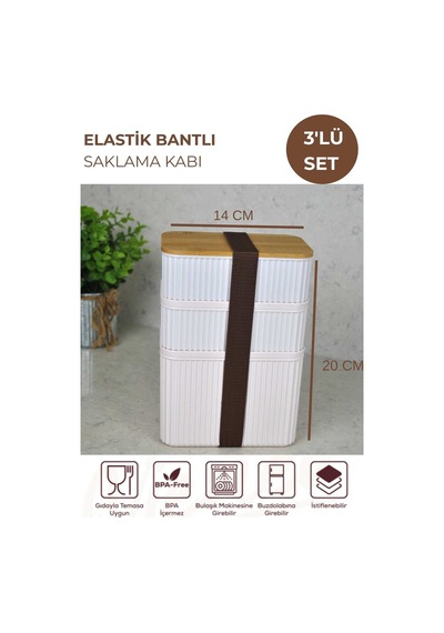 Zebra 3'lü Bambu Kapaklı Lunch Box 1 Lt + 2x 0,50 Lt- Kare Lastikli Saklama Kabı Seti Krem