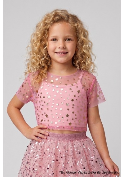 Le Mabelle Pembe Yıldız Baskılı Kısa Kollu Kız Çocuk Tül Crop Pembe