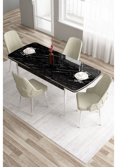 Canisa Tia Serisi 80x132 Mdf Açılabilir Siyah Mermer Desen Krom Detay Masa Takımı Ve 4 Krem Sandalye Masa Siyah Mermer Desen Sandalye Krem Canisa Tia Serisi 80x132 Mdf Açılabilir Siyah Mermer Desen Krom Detay Masa Takımı Ve 4 Krem Sandalye Masa Siyah Mermer Desen Sandalye Krem