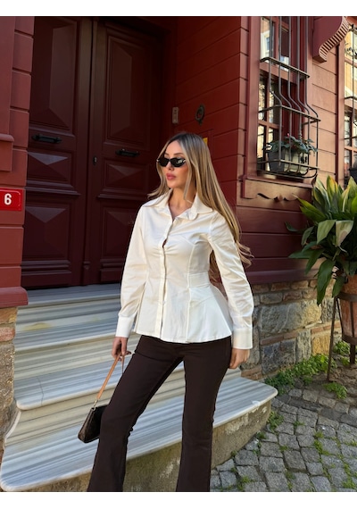 Laluvia Ekru Belden Oturtmalı Poplin Gömlek - 1616 Ekru