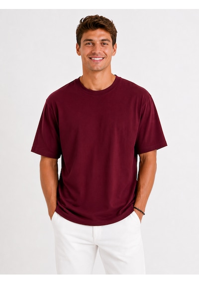Vasto Moda Erkek Oversize Kalın Dokulu %100 Organik Pamuk Bisiklet Ribana Yakalı Bordo T-shirt