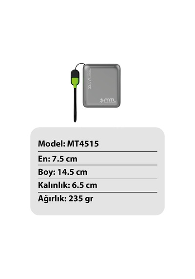 15000 Mah 22.5w Turbo Şarj Dahili Kablolu Led Göstergeli Pd Ve Qc 3.0 Powerbank Mt4515 Gri