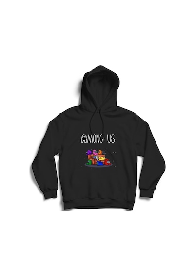 Erkek Siyah Among Us Oyun Baskılı Kapüşonlu Sweatshirt Siyah