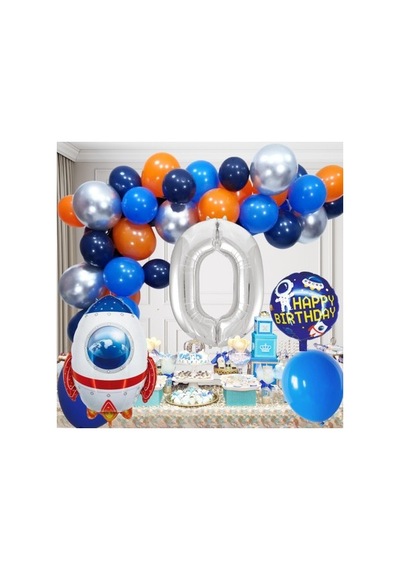 0 Yaş Uzay Temalı Doğum Günü Seti Uzay Mekiği Happy Birthday Yazı Renkli Balonlar Gümüş Folyo Rakam Çok Renkli
