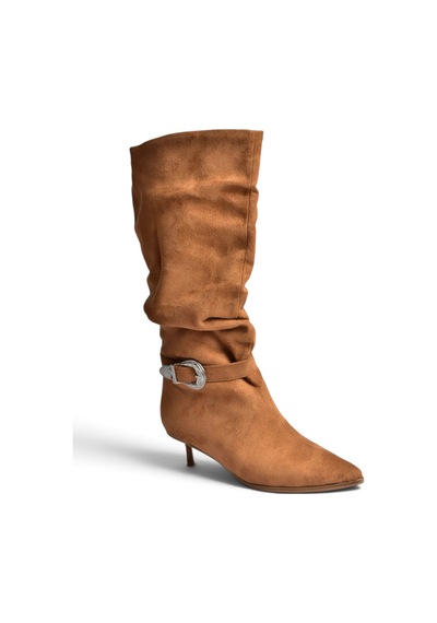 Fox Shoes Z726105702 Taba Süet İnce Topuklu Büzgülü Kadın Çizme