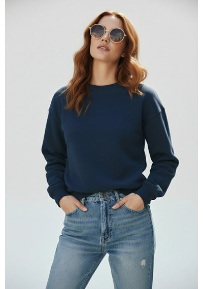 Uyguntarz Unisex Yumuşak Dokulu Düz 3 İplik Oversize Sıfır Yaka Sweatshirt Sade Ve Modern Görünüm İndigo