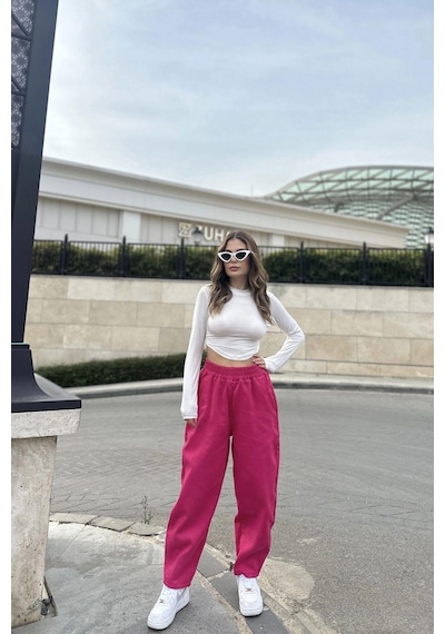 WeShaya Kadın Pembe Yüksek Bel, Cepli, Beli Lastikli, Salaş Gabardin Pantolon Pembe