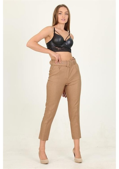 Neşeli Butik Kadın Camel Cepli Kemer Detaylı Kumaş Pantolon Qns026 Camel