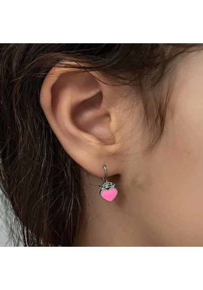 Gümüş Pembe Kalp Sallantılı Çocuk Küpe Çok Renkli