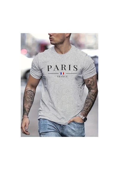 Caddemia Yaz Rahat Gevşek Büyük Boy Paris Fransız Desen Baskılı Rahat Yuvarlak Yaka Gri 2XL