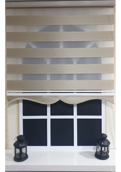 Zebra Stor Perde Organze Koyu Bej Gümüş Simli Etek Dilimli Stb910