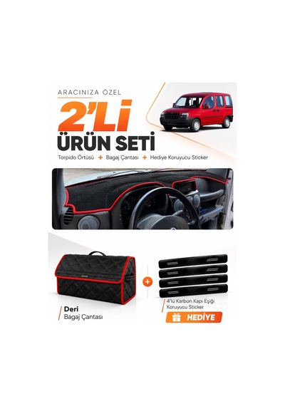 E-biz Fıat Doblo 2000-2008 Airbagsiz Küçük Ekran Torpido + Deri Çanta - Siyah-kırmızı - Fı005