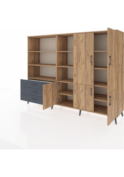 Hyperion Dolap 11 Raflı 3 Çekmeceli 5 Kapaklı 220x44x163 Çam-çam/ Çam-çam/antrasit