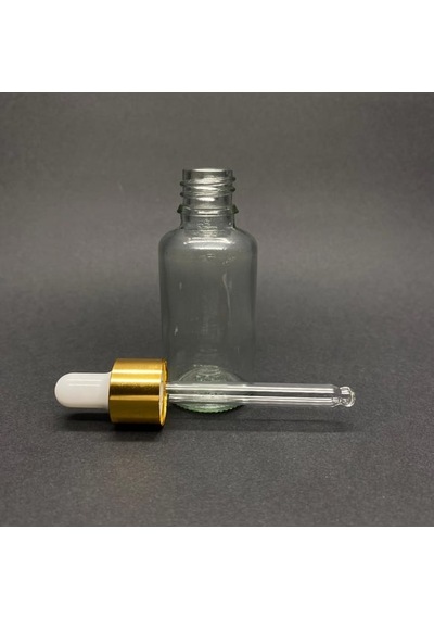 30ml Şeffaf, Cam Şişe, 24 Adet, Cam Damlalıklı, Ecza Şişesi, Propolis Şişesi, Gold Kapak Beyaz Emzik
